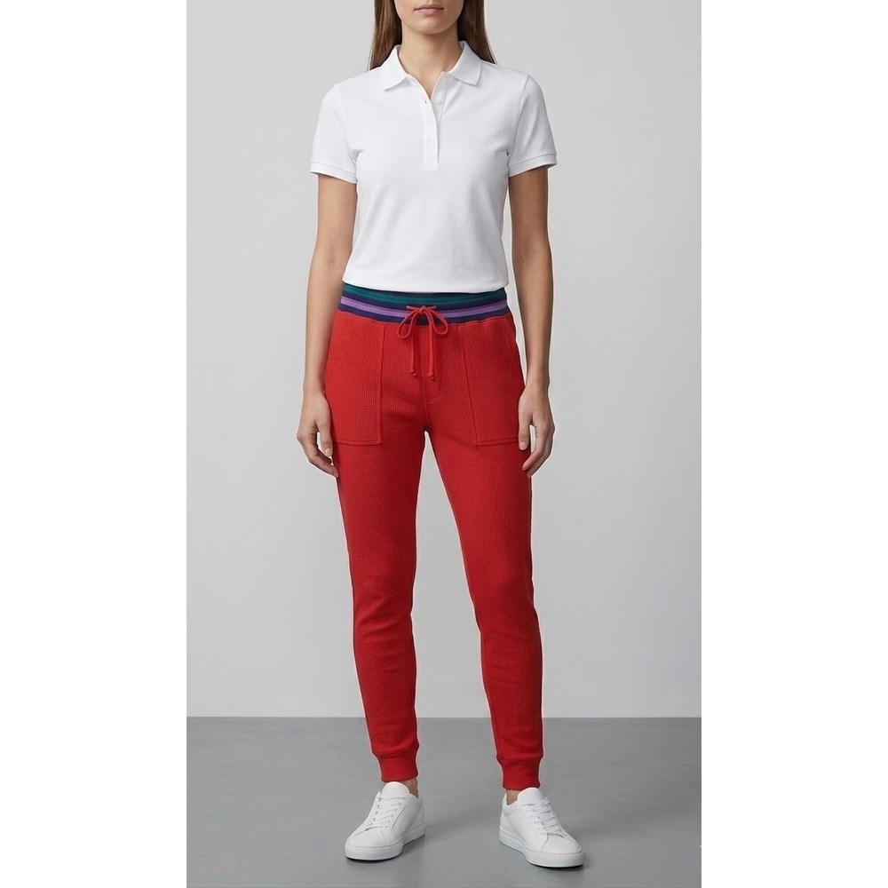 Aerie Red Waffle Knit Joggers Striped Waistband Drawstring Lounge Pants Medium